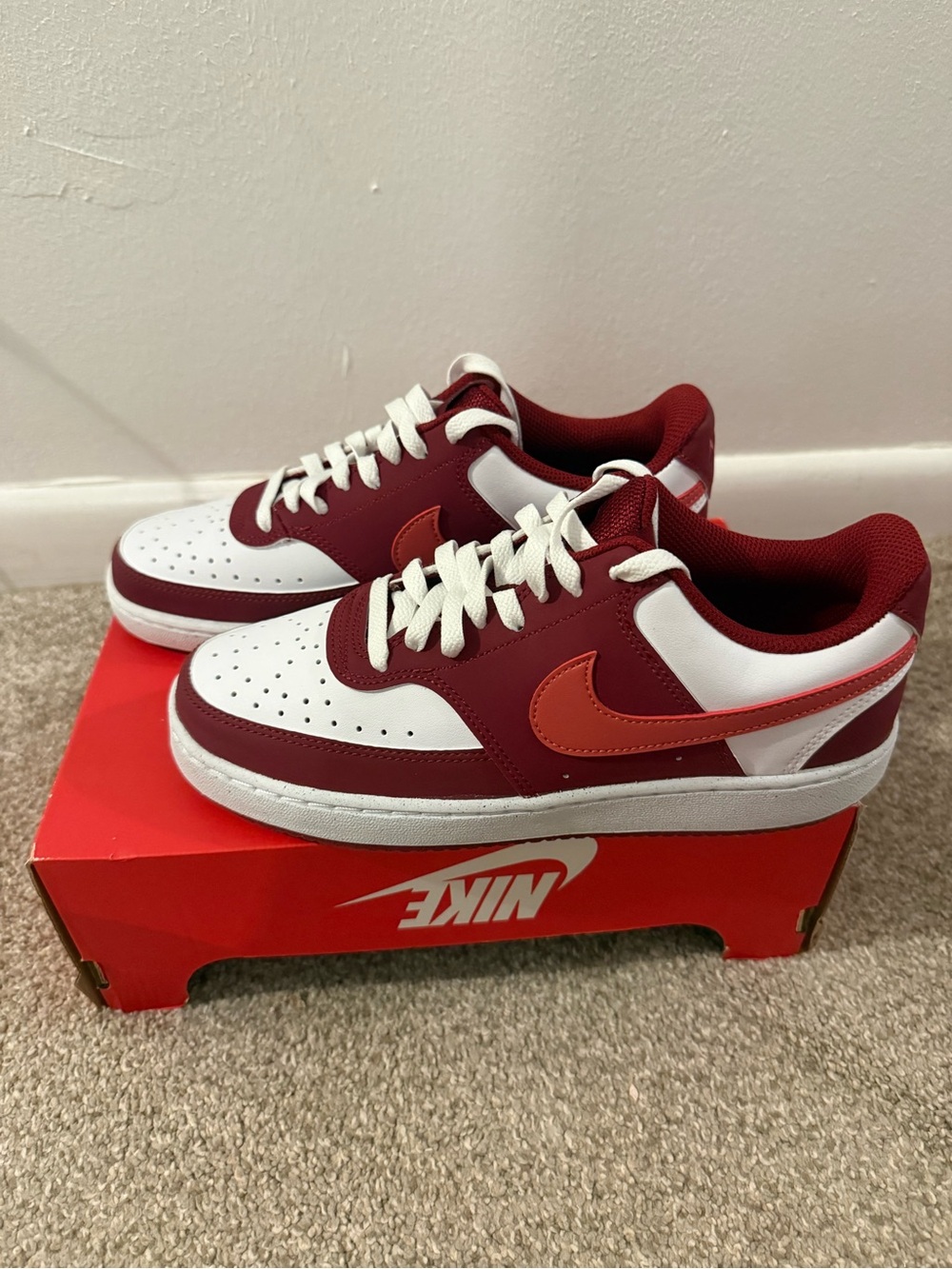 Nike Women’s Low-Top Sneakers - White & Maroon with Red Swoosh
